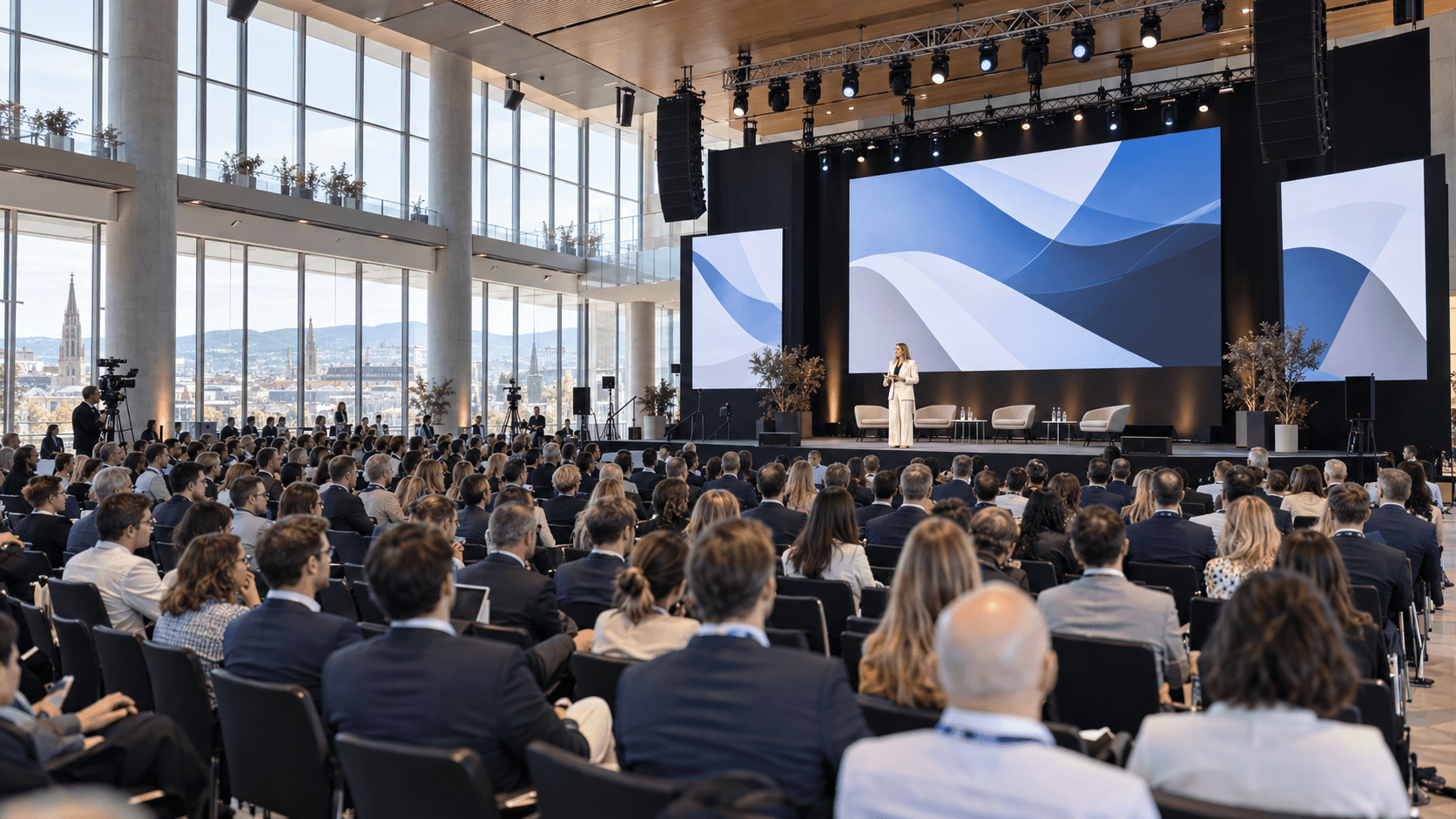 Konferenz in einer modernen Glashalle mit Bühne, LED-Wänden und Publikum