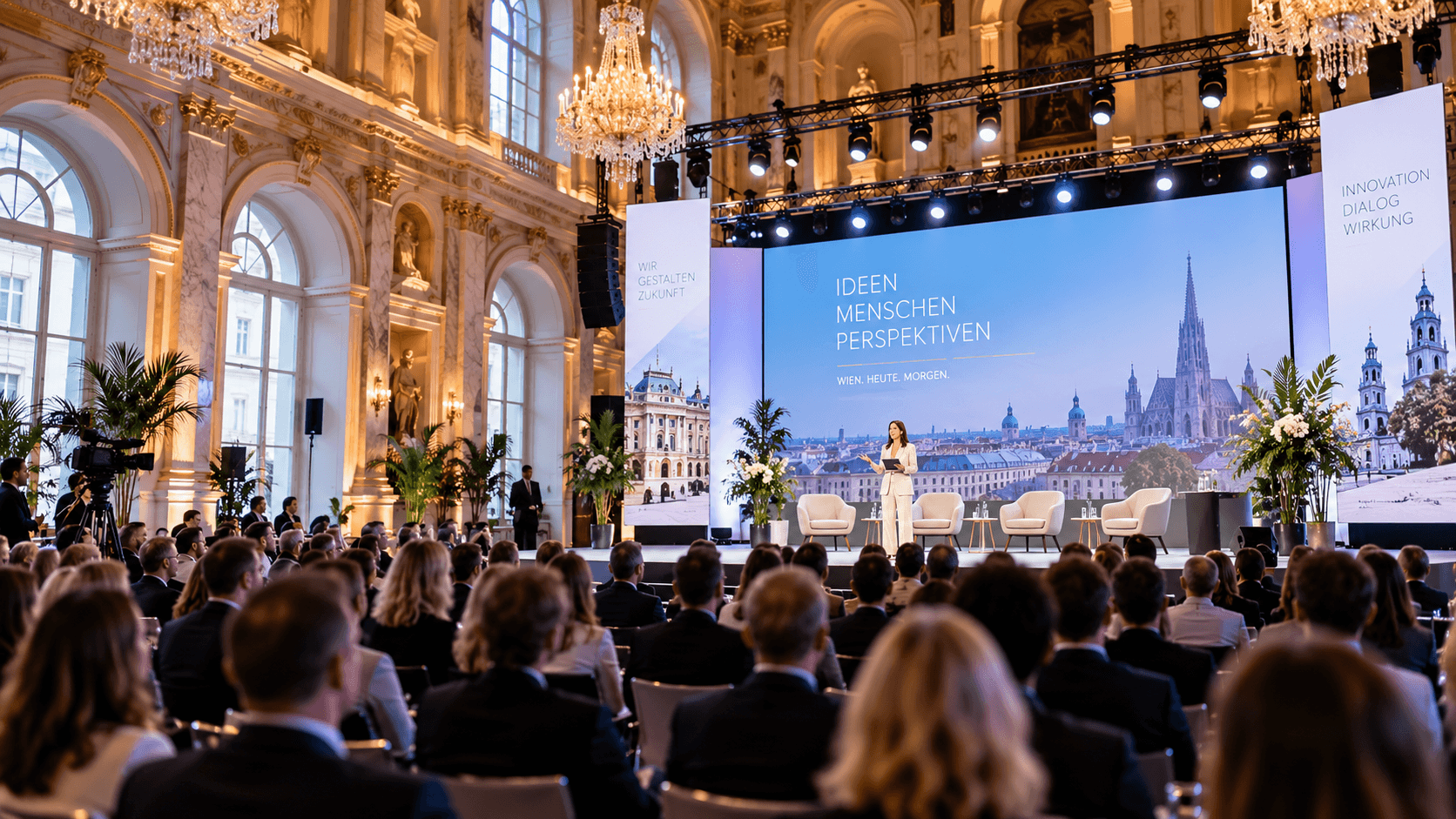 Konferenz in einem barocken Festsaal mit Bühne, Lichttraversen und Publikum